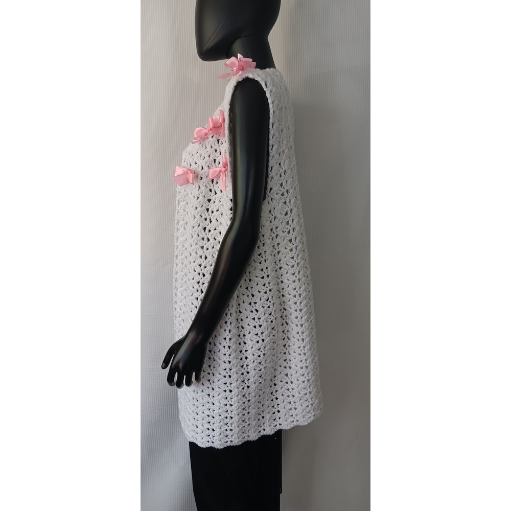 Handmade White Crochet Vest Sweater Longline Pink Bow Coquette Medium KS0296 - Picture 6 of 6